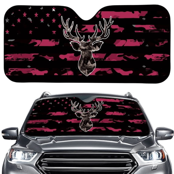 Xoenoiee Deer Camo American Flag Pattern Car Windshield Sunshade Reflective Heat Sun UV Protector Foldable Front Window Shade Accessories Universal Fit for SUV Van Truck