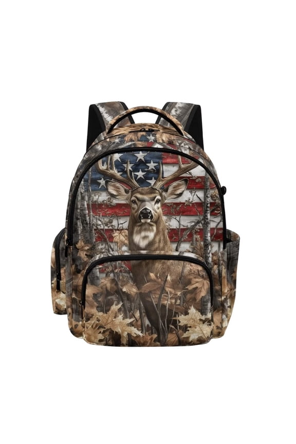Deer Camo American Flag Print Backpack for Boys Kids Large Capycity Schoolbag Bookbags Daypack Lightweight Schoolbag with Bottle Pocket Elementary School Bookbag Satchel Daypack