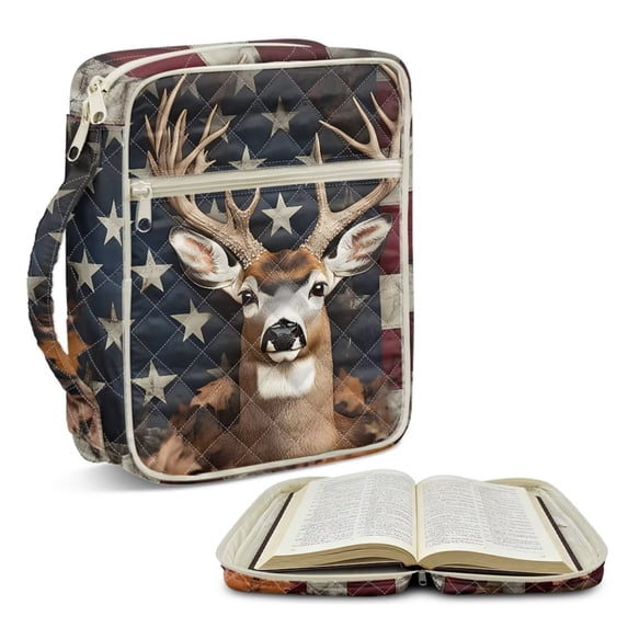 Xoenoiee Deer Camo American Flag Print Bible Cover Case for Women Men Large Bible Cover with Handle Quilted Bible Carrying Case Bible Study Supplies Accessories with Pocket