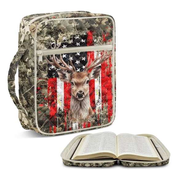 Xoenoiee Deer Camo American Flag Print Bible Cover for Women, Large Quilted Case with Handle, Multifunction Bible Bag Carrying Case Study Supplies Accessories, Christian Gift for Women Men