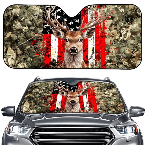 Xoenoiee Deer Camo American Flag Print Car Front Windshield Sunshade Accordion Folding Auto Shade for Car Truck SUV Van Blocks UV Rays Sun Visor Protector Easy Setup Keeps Your Vehicle Cool