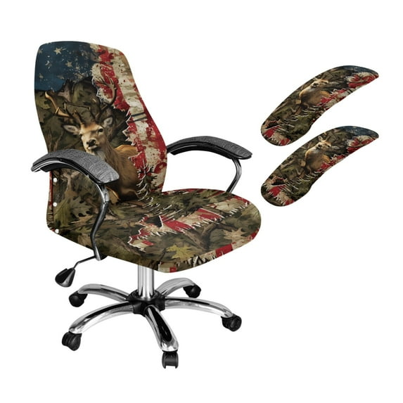Xoenoiee Deer Camo American Flag Print Computer Office Chair Cover with Armrest Pad Covers, Soft Fit Universal Desk Rotating Chair Slipcovers Washable Anti-Dust Chair Protector Cover, S