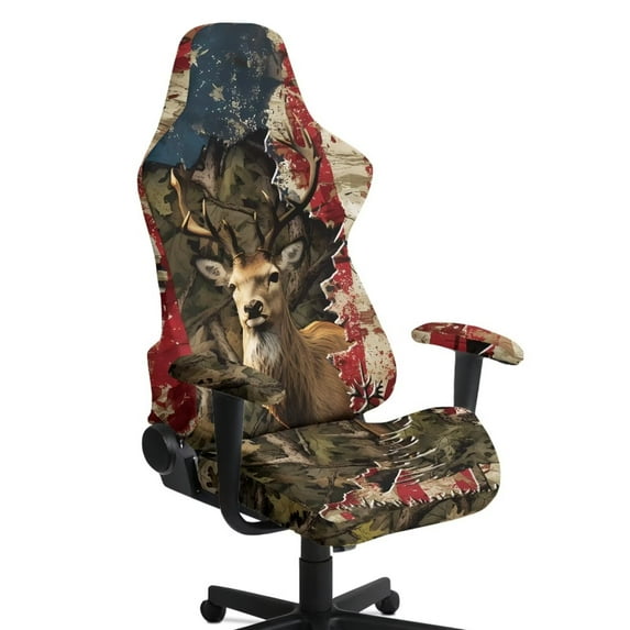 Xoenoiee Deer Camo American Flag Print Gaming Chair Cover, Removable Office Chair Cover with Zipper, Stretch Anti-dust Universal Washable High Back Computer Seat Protector for Pets