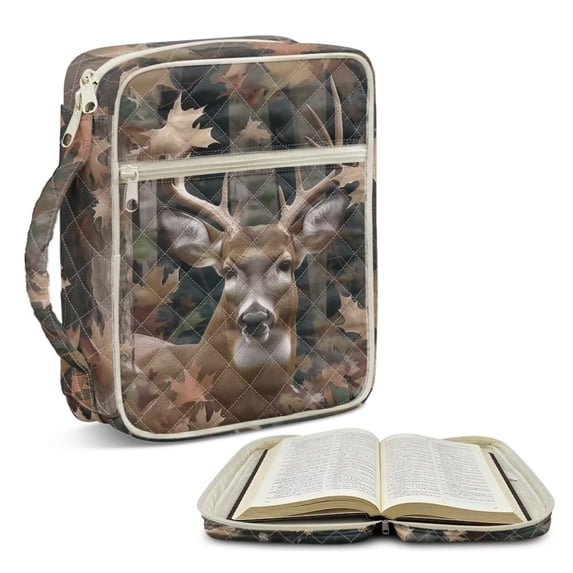 Xoenoiee Deer Camo Pattern Bible Cover Case Carrying Book Case Church Bag Quilted Cotton Bible Protective with Handle and Zipper Pocket, Gift for Men, Women, Father, Mother