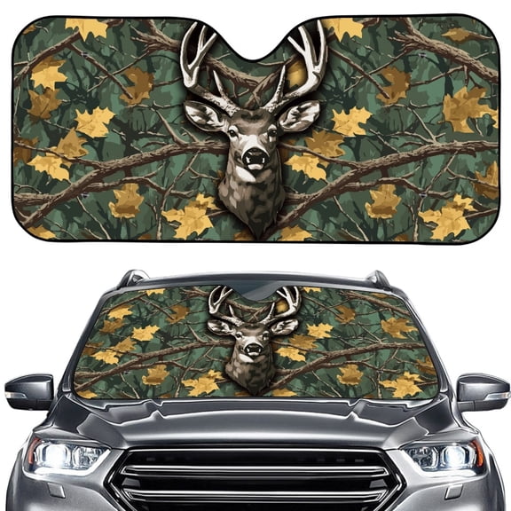 Xoenoiee Deer Camo Pattern Car Windshield Sun Shade Blocks UV Rays Auto Front Window Covers with Suction Cups, Keeps Car Cool, Easy to Install and Store