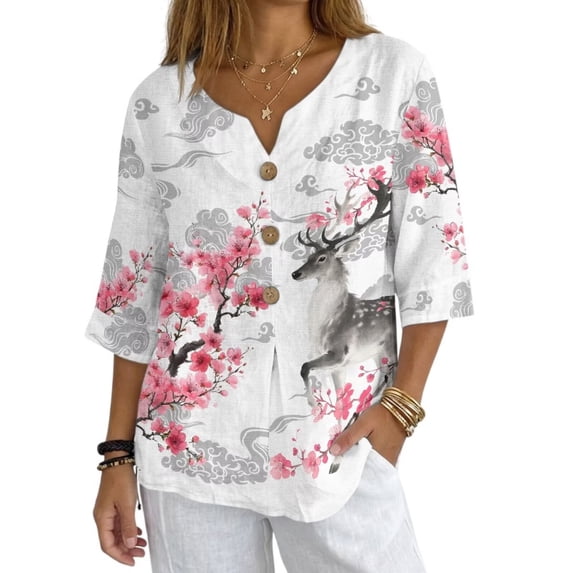 Xoenoiee Deer Cherry Blossom Cloud Print 3/4 Length Sleeve Womens Tops Fall Fashion Button Down Shirts Linen Clothing Business Casual Tops V Neck Shirt, S