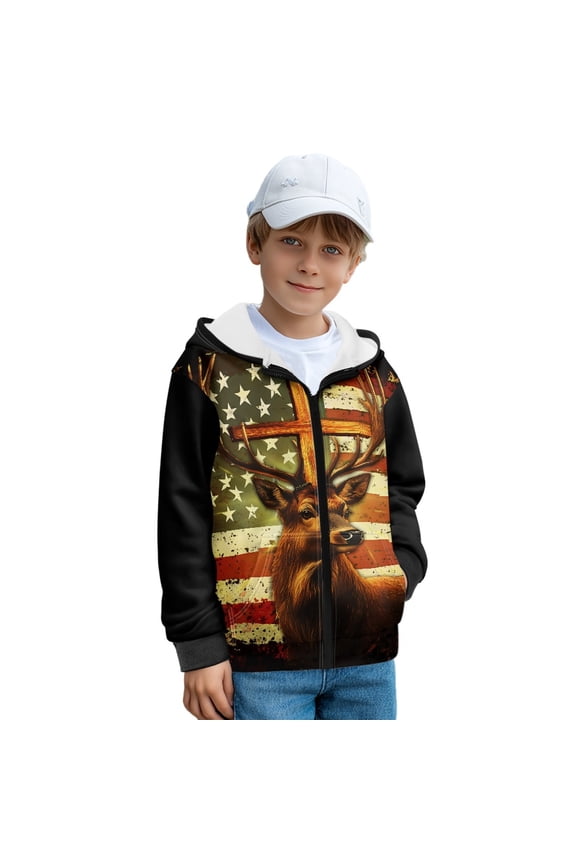 Deer Cross American Flag Print Full-Zip Hooded for Boys Kids, Fleece Sweatshirts Hoodie Student Long Sleeves Hoodies Teen Pullover Hoody Athletic Tops with Kangaroo Pocket, S