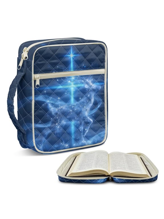Deer Cross Galaxy Pattern Bible Cover for Men Women Quilted Bible Case Lightweight Carrying Bag Multifunction Church Study Book Carrier with Handle Christian Gifts