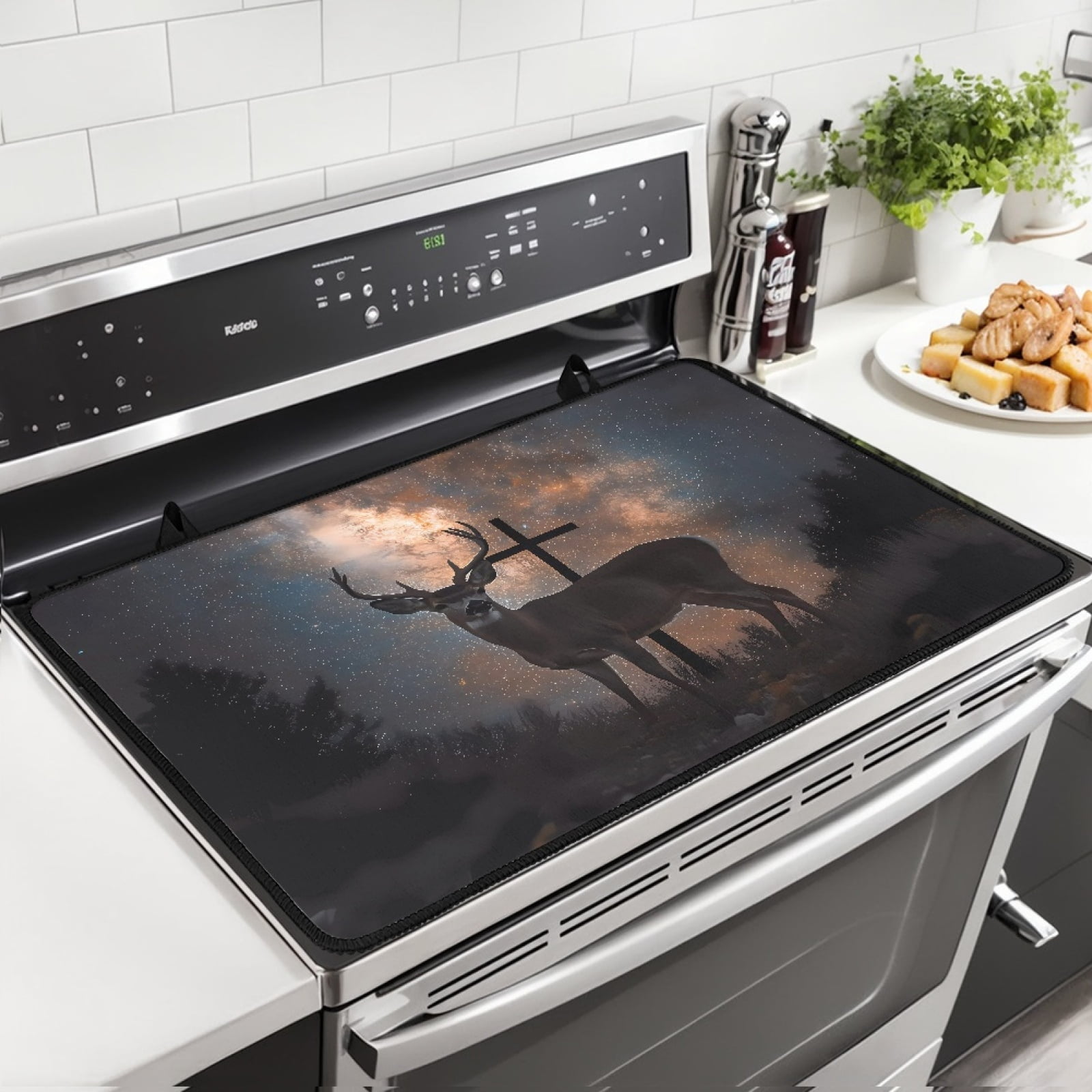 Xoenoiee Deer Cross Galaxy Print Stove Top Covers for Electric Stove, Anti-Slip Silicone Glass Stove Top Cover, Thick Induction Cooktop Protector, Heat Resistant Range Ceramic Stove Top Covers Mat
