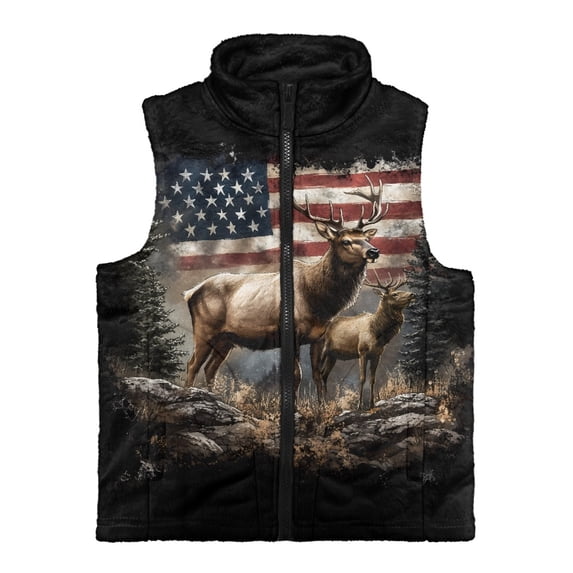 Xoenoiee Deer Forest American Flag Print Boys Fleece Vest Outerwear Lightweight Sleeveless Zip up Jacket with Pockets Warm Polar Soft Fall Winter, Size 3T