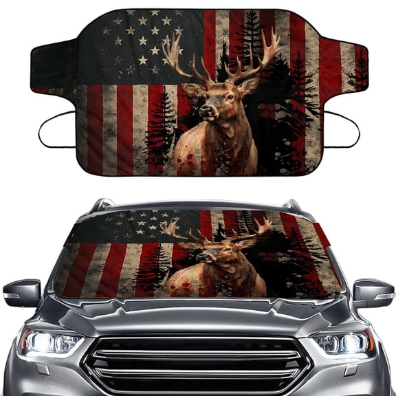 Xoenoiee Deer Forest American Flag Print Car Windshield Snow Cover, Foldable Ice Windshield Cover Snow Protection Cover, Easy to Use, Universal Fit for Cars, SUV, Sedan, Hatchback