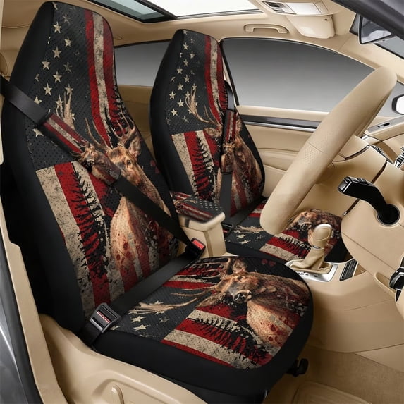 Xoenoiee Deer Forest American Flag Print PU Leather Car Accessories Set of 5, Anti-Slip Auto Seat Covers Seat Belt Pads Car Armrest Cover for Most SUV Truck Sedan