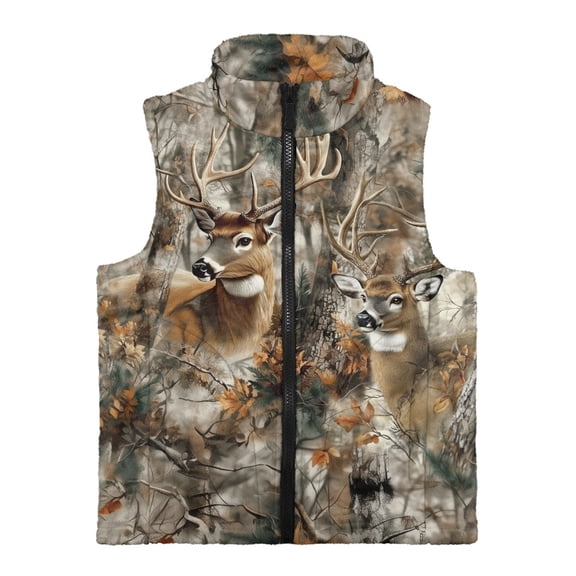 Xoenoiee Deer Forest Hunting Camo Print Boys Sleeveless Zip Up Outerwear Stand Collar Vest Warm Winter Jackets Coats with Pocket for Running Jogging Biking, Size 5-6 Years
