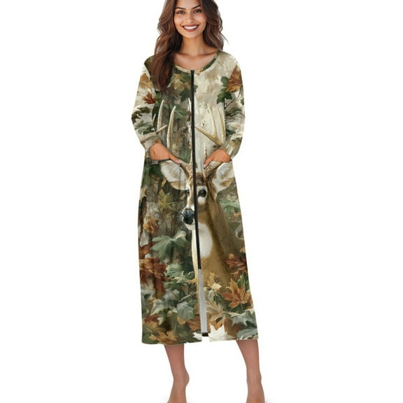 Xoenoiee Deer Forest Maple Leaves Print Women Zipper Robes Thanksgiving Full Length Nightgown Bathrobe Lightweight House Coat with Pockets Long Sleeves Loungewear, Size M