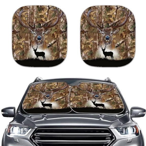 Xoenoiee Deer Hunting Camo Print 2 PCS Windshield Sun Shade for Car Foldable Window Covers for Car Accessories Reflect UV Sun Heat Protector Universal Fit for Cars SUV Truck RV
