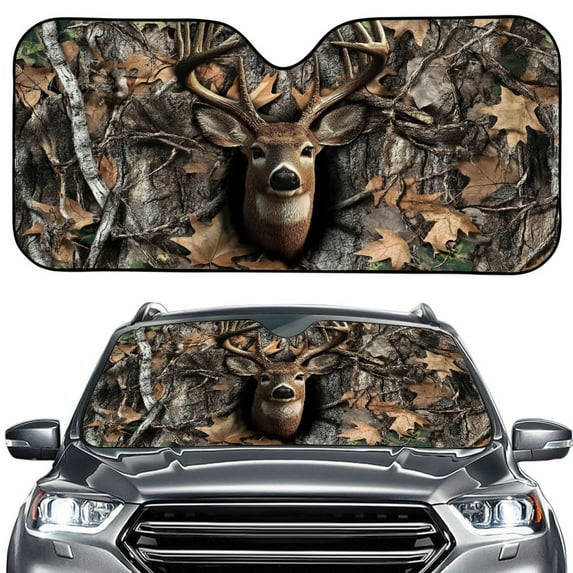Xoenoiee Deer Hunting Camo Print Car Windshield Sun Shade, Foldable Car Sun Shade for Front Windshield Sunshades Sun Visor Protector Blocks UV Rays, Keep Your Vehicle Cool