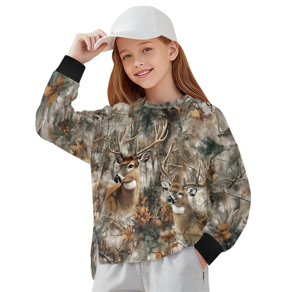 Xoenoiee Deer Hunting Camo Print Girls Oversized Crew Neck Long Sleeve Sweatshirt Casual Loose Reverse Seam Side Slit Fall Pullover Top, 11-12 Years