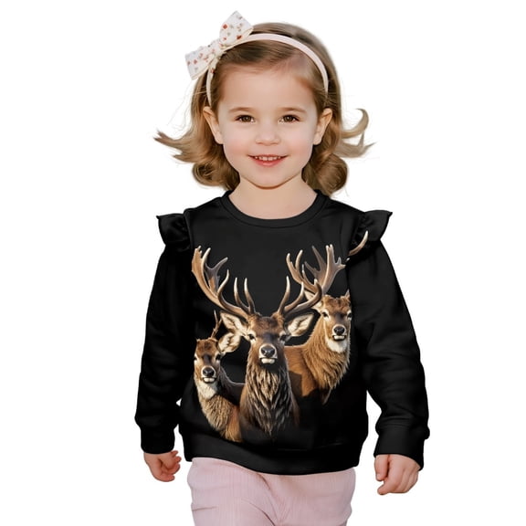 Xoenoiee Deer Print Toddler Girls Sweatshirt Crewneck Pullover Ruffle Long Sleeve Tops Blouse Cotton T-Shirt Fall Winter Clothes, Size 4-5 Years
