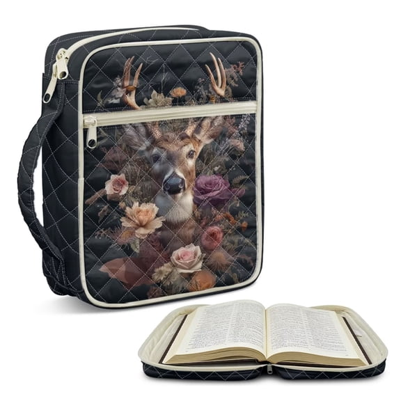 Xoenoiee Deer Rose Flower Pattern Bible Bag for Women Men, Large Quilted Bible Cover Case Church Bag with Durable Handle and Extra Pockets, Christian Gift for Ladies