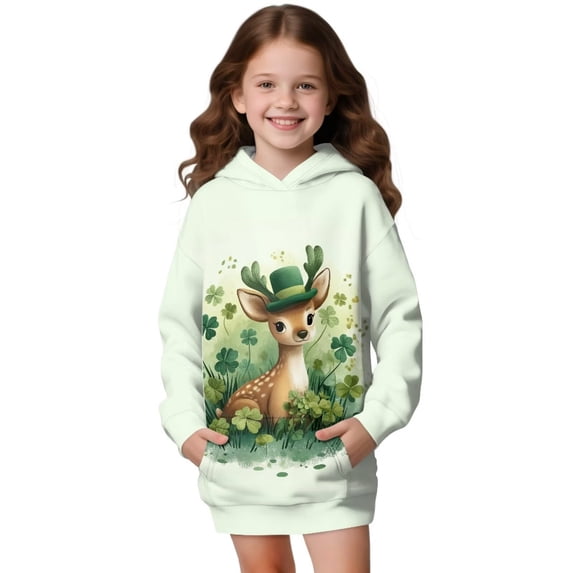 Xoenoiee Deer Shamrock Print Long Hoodie for Girls Long Sleeve Shirts Teen Girls St. Patrick's Day Round-Neck Hoodie Dress Sport Wear Streetwear with Kangaroo Pocket, 13-14 Years
