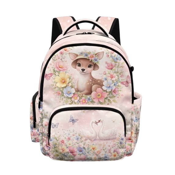 Xoenoiee Deer Swan Butterfly Flower Print Kids Backpack 17 Inch Lightweight School Bag for Girls, Multi-Pocket Travel Laptop Backpack Bookbag with Front Pocket for Elementary Middle School