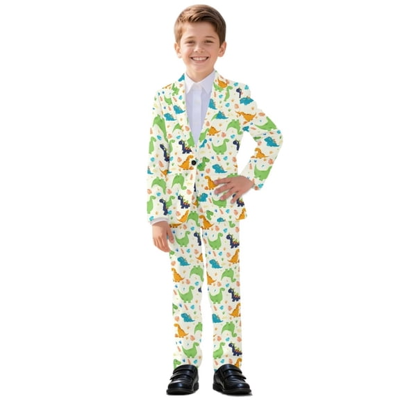 Xoenoiee Dinosaur Leaves Print Boys' 2-Piece Slim Fit Suit Set, Formal Tuxedo Blazer Jacket & Pants with Elastic Band for Wedding Ring Bearer School Party, 5-6 Years