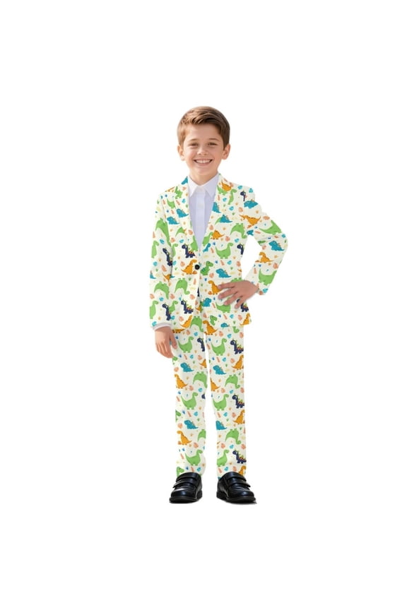Dinosaur Leaves Print Boys' 2-Piece Slim Fit Suit Set, Formal Tuxedo Blazer Jacket & Pants with Elastic Band for Wedding Ring Bearer School Party, 6-7 Years