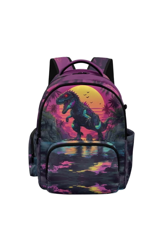 Dinosaur Moon Palm Tree Print Backpack for Boys Teens, Large Capacity Bookbag School Bag for Elementary Middle High Students, 17 Inch Lightweight Satchel Bookpack for Kids