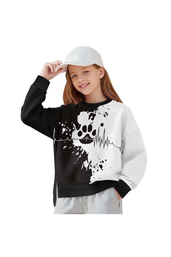 Dog ECG Paint Splatter Print Girls Oversized Sweatshirts Crewneck Long Sleeve Shirts Tunic Tops Side Slits Casual Pullover Sweatshirt, Size 7-8 Years