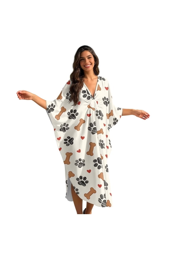 Dog Paw Bone Heart Pattern Caftans for Women V-Neck Moomoo Dresses 70s Kaftan Dress Batwing Sleeve Bikini Cover up Lightweight Loungewear Maxi Dress