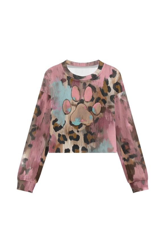 Dog Paw Leopard Paint Splatter Print Girls Sweatshirt Long Sleeve Pullover Crop Tops Kids Lightweight Fleece Winter Clothes, 5-6 Years