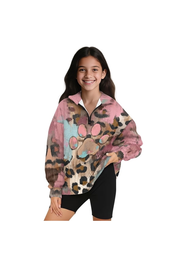 Dog Paw Leopard Paint Splatter Print Quarter Zip Pullover for Girls Kids Mock Neck Sweatshirt Oversized Long Sleeve Sweater Polo Half Zip Pullover, Size 7-8 Years