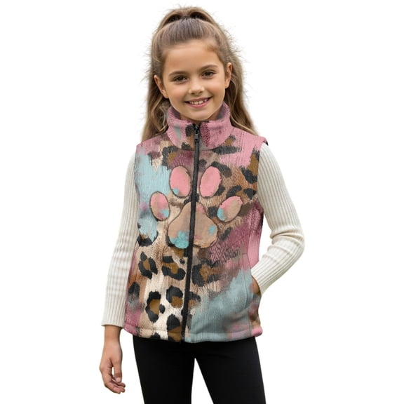 Xoenoiee Dog Paw Leopard Print Kids Vest for Boys Girls, Sleeveless Full-Zip Fleece Jacket, Lightweight Warm Outerwear with Pocket, Size 3T