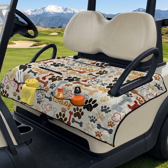 Xoenoiee Dog Paw Print Golf Cart Seat Covers, 51.18" x 30.31" Cool and Sweat Absorption Golf Cart Seat Towel Blanket Seat Protector with 4 Front Pockets and Nonskid Bottom