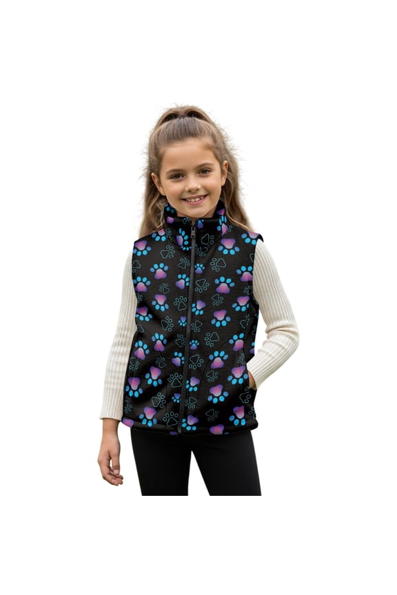 Dog Paw Print Jacket for Teen Girls Sleeveless Fleece Vest Full Zipper Stand Collar Jacket Warm Outwear Teen Winter Clothes, 2T