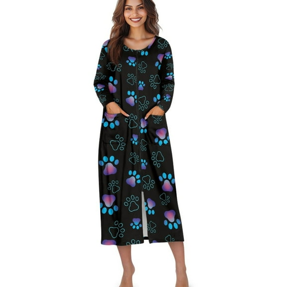 Xoenoiee Dog Paw Print Women Zipper Front Robes Long Sleeve Full Length Housecoat with Pockets Loungewear Nightgowns Plus Size, M