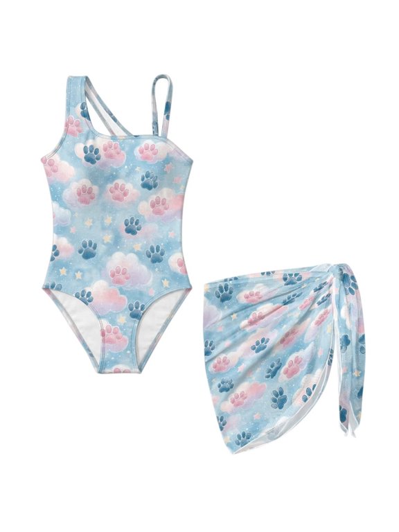 Dog Paw Star Cloud Pattern Girls Swimsuits Halter One Piece Bathing Suit with Cover Up Skirt Adjustable Strap Teen Girl Swimsuit Swimwear Set, Size 9-10 Years