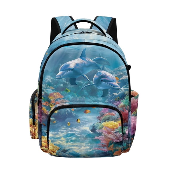 Xoenoiee Dolphin Fish Coral Print Kids School Backpack Casual Travel Daypack Lightweight Schoolbag Backpack Bookbag for Teens Girls Middle School Laptop Backpack with Zipper Pocket