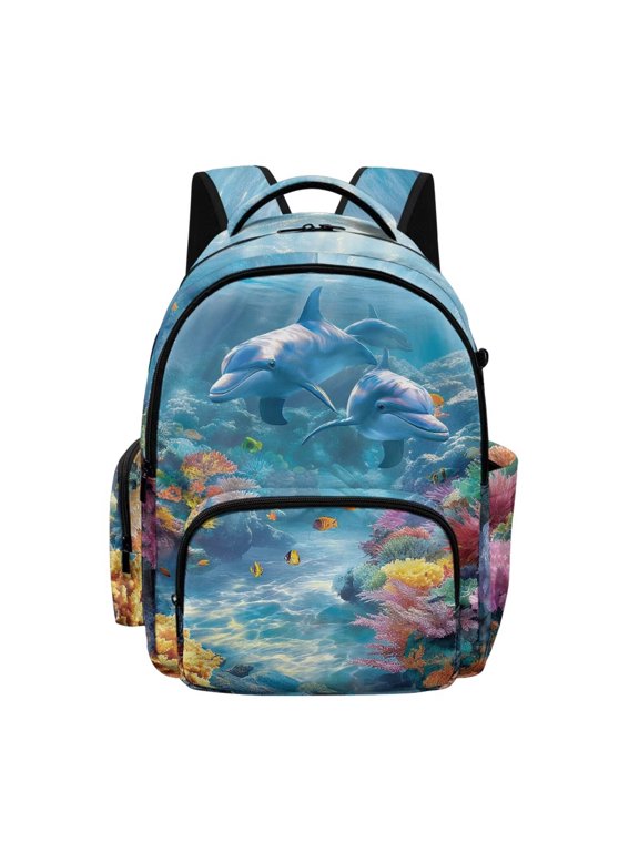 Dolphin Fish Coral Print Kids School Backpack Casual Travel Daypack Lightweight Schoolbag Backpack Bookbag for Teens Girls Middle School Laptop Backpack with Zipper Pocket