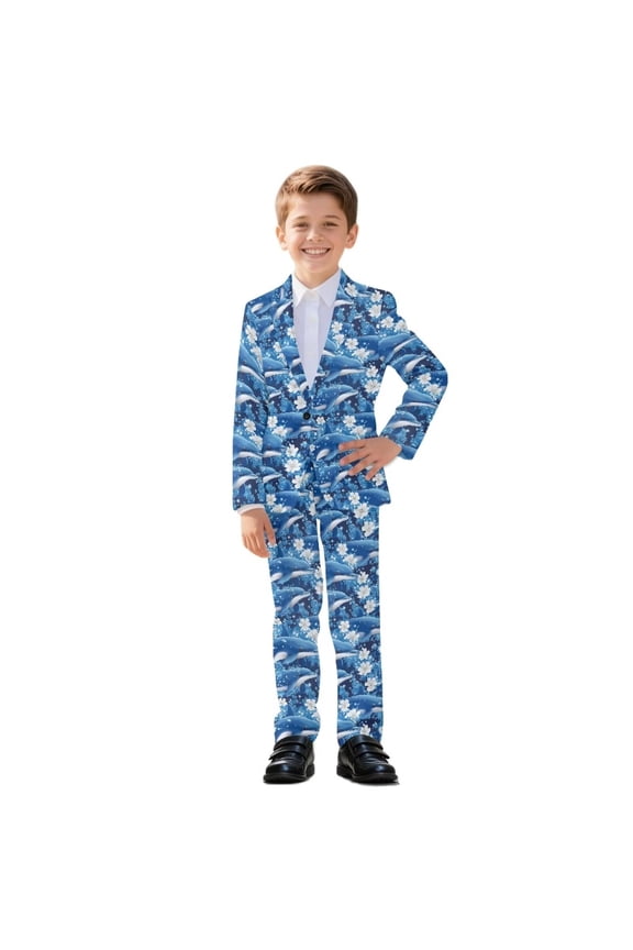 Dolphin Flower Print Formal Boy Suits Kids 2 Piece Party Suits for Boys Wedding Dress Clothes Jacket Pant Dresswear, Size 6-7 Years