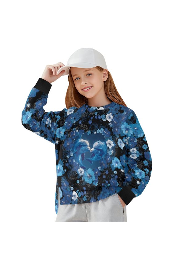 Dolphin Heart Flower Print Girls Oversized Crew Neck Long Sleeve Sweatshirt Casual Loose Reverse Seam Side Slit Fall Pullover Top, Size 13-14 Years