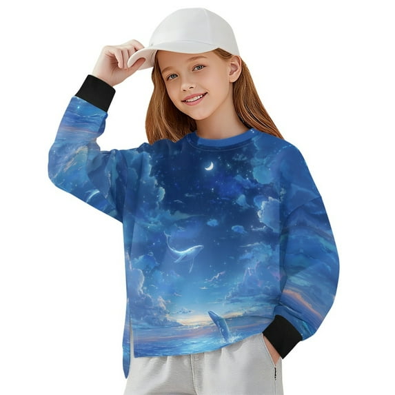 Xoenoiee Dolphin Moon Cloud Print Girls Casual Long Sleeve T Shirt Crewneck with Side Split Fall Pullover Loose Tunic Sweater Tops, Size 5-6 Years