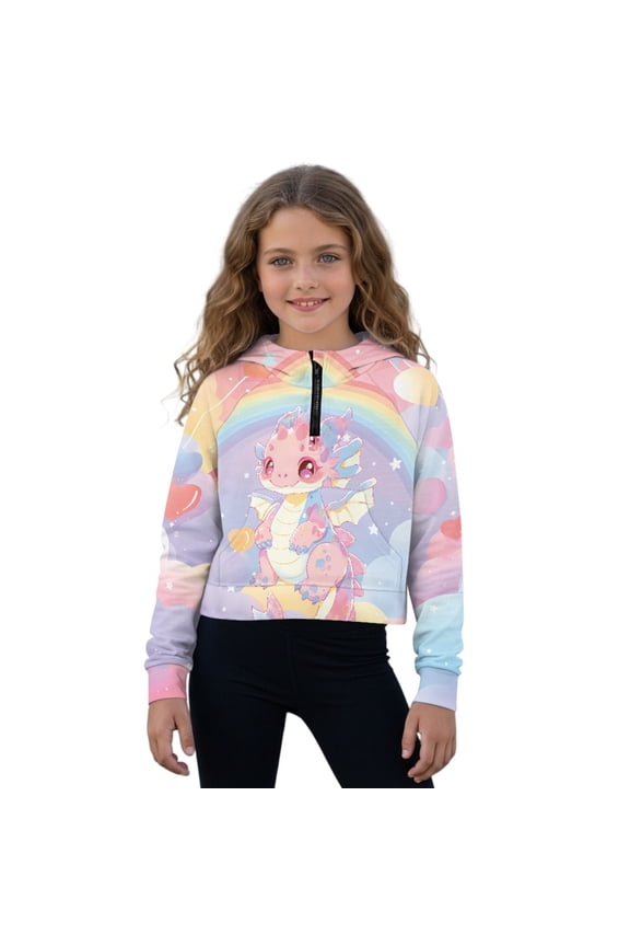 Dragon Rainbow Heart Print Girls' Hoodies Sweatshirts Half Zipper Pullover Crop Tops for Teen Girls Long Sleeve Sweater with Pocket, 13-14 Years