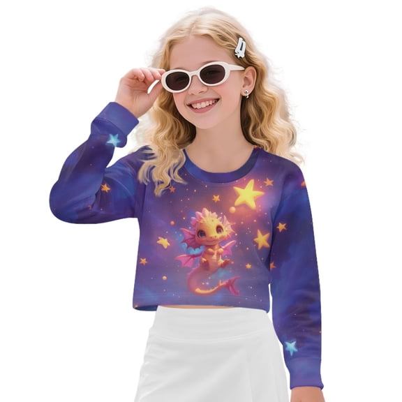 Xoenoiee Dragon Star Galaxy Print Girls Crop Tops Cute Graphic Crewneck Sweatshirt Long Sleeve Drop Shoulder Pullover Tops, 13-14 Years