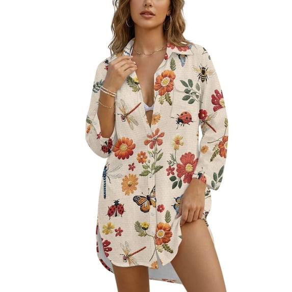 Xoenoiee Dragonfly Butterfly Bee Ladybird Daisy Flower Print Swimsuit Coverup for Women Lapel Collar Bathing Suit Cover Up for Swimwear Button Down Beach Shirt Dresses for Ladies, XL