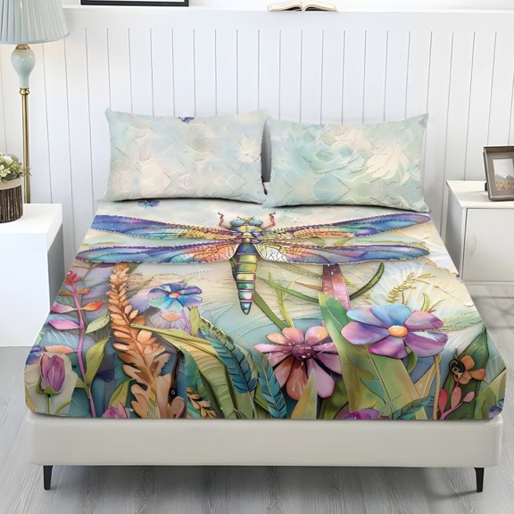 Xoenoiee Dragonfly Daisy Flower Print Fitted Sheet and Pillowcases Set, Soft Sheet with Deep Pocket, 1 Fitted Sheet and 2 Pillowcases, No Flat Sheet, King Size