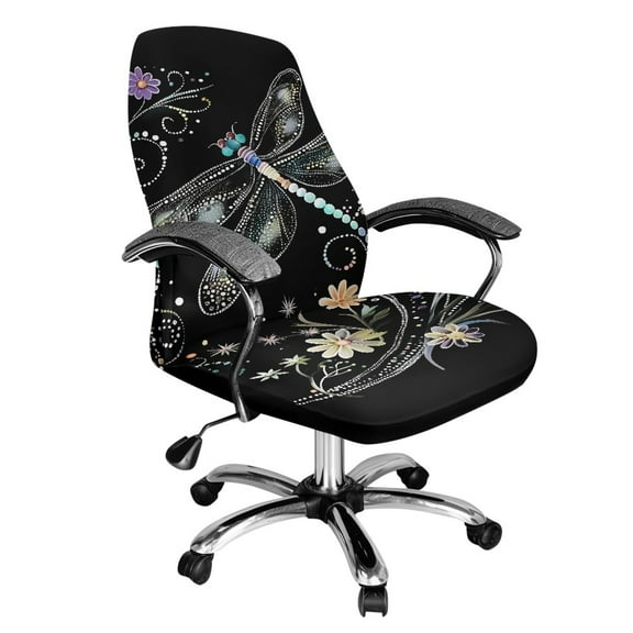 Xoenoiee Dragonfly Daisy Print Computer Office Chair Cover Stretch Elastic Polyester Slipcover Stretchable Universal Desk Task Chair Seat Cover Protector for Rotating Chair Computer Chair, L