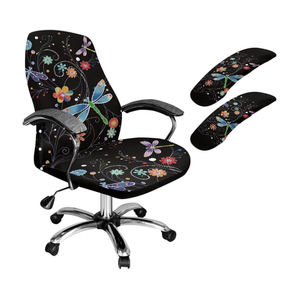 Xoenoiee Dragonfly Daisy Print Office Chair Cover with Armrest Covers, Washable Rolling Desk Chair Cover Stretch Computer Chair Slipcovers for Swivel Chairs, Armchair, Boss Chairs, Large