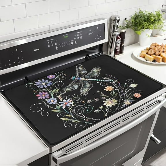 Xoenoiee Dragonfly Daisy Print Stove Top Cover Electric Stove Top Cover, Waterproof Stove Cover, 29.18" x 20.96" Electric Stove Cover with Hanging Loops