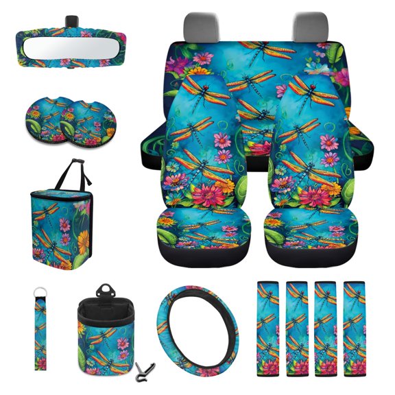 Xoenoiee Dragonfly Flower 15 Pack Car Seat Cover Full Set with Car Steering Wheel Cover Auto Seat Belt Pads Cup Coaster Trash Can Air Vent Storage Holder Rear View Mirror Cover Coasters Keychain
